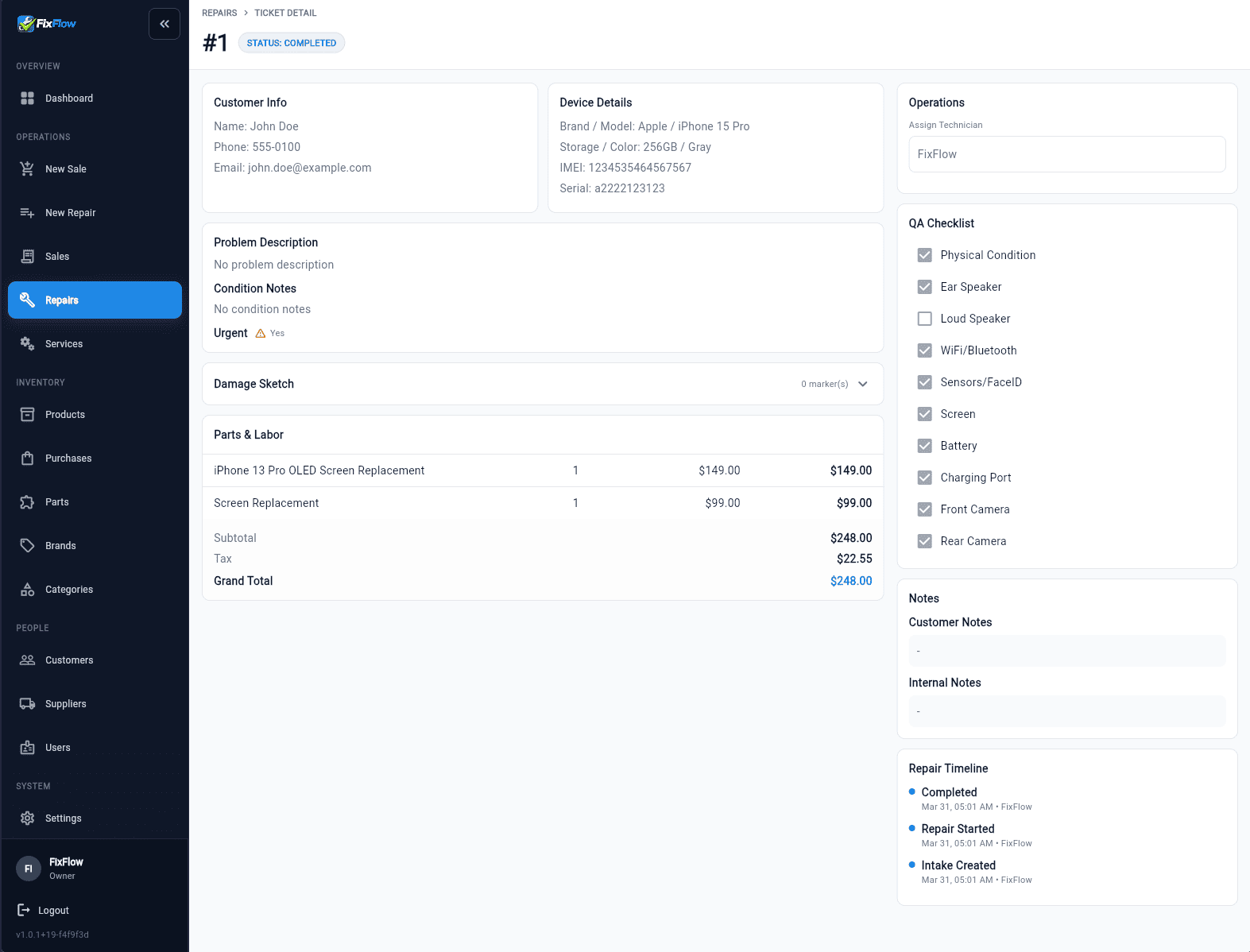 Completed repair detail view showing customer and device context, notes, timeline history, QA details, and parts and labor totals.
