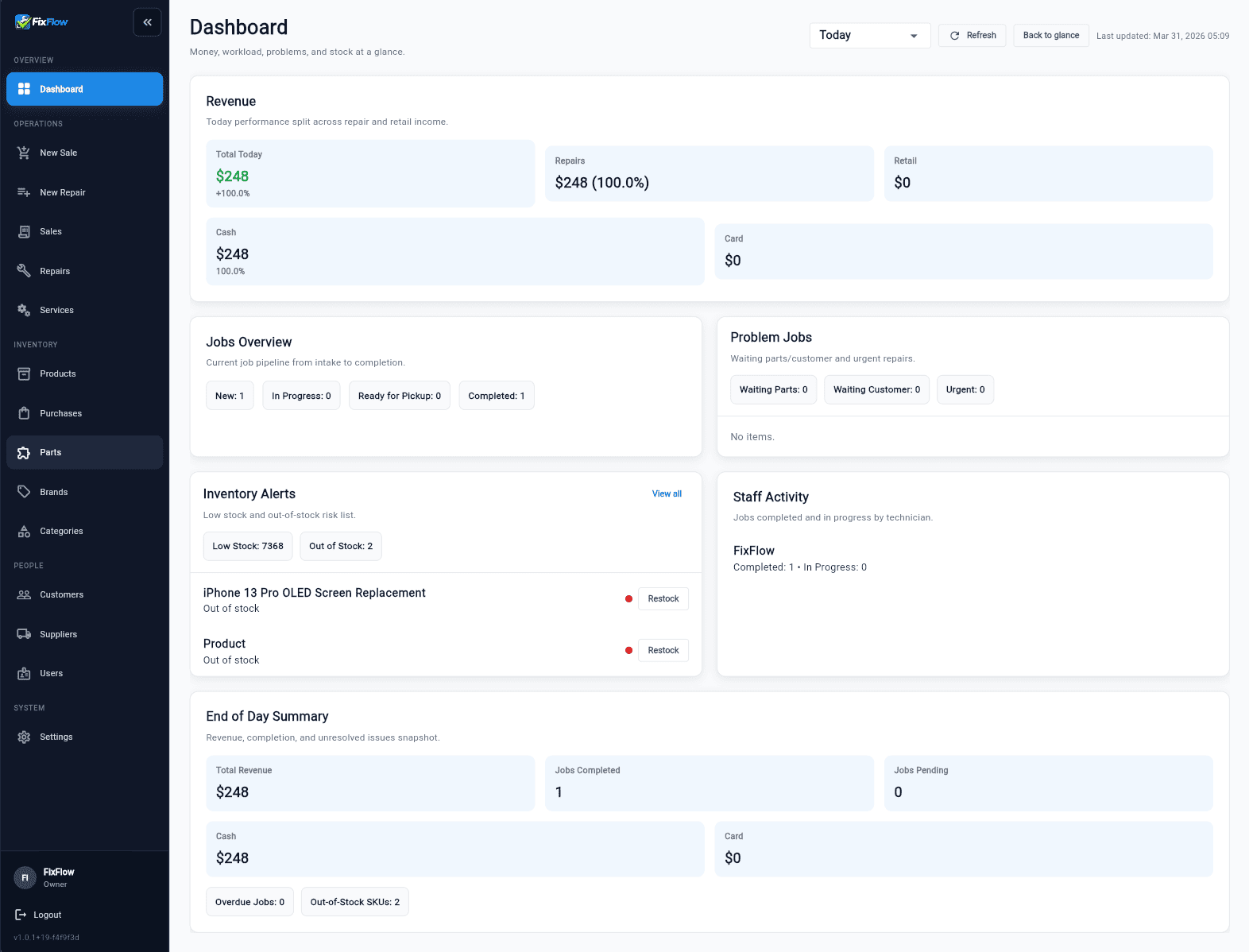 Desktop dashboard showing revenue, repair jobs, stock alerts, and end-of-day KPIs.