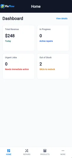 FixFlowSoftware mobile dashboard showing quick daily repair actions.
