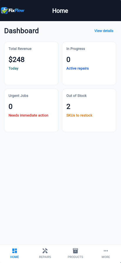 Mobile dashboard showing revenue, active repairs, urgent jobs, and stock alerts.