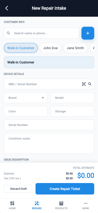 Mobile repair intake screen for capturing customer, device, and issue details with an estimate summary.