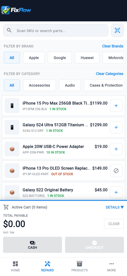 Mobile point-of-sale view showing product search, add-to-cart actions, and compact payment controls.