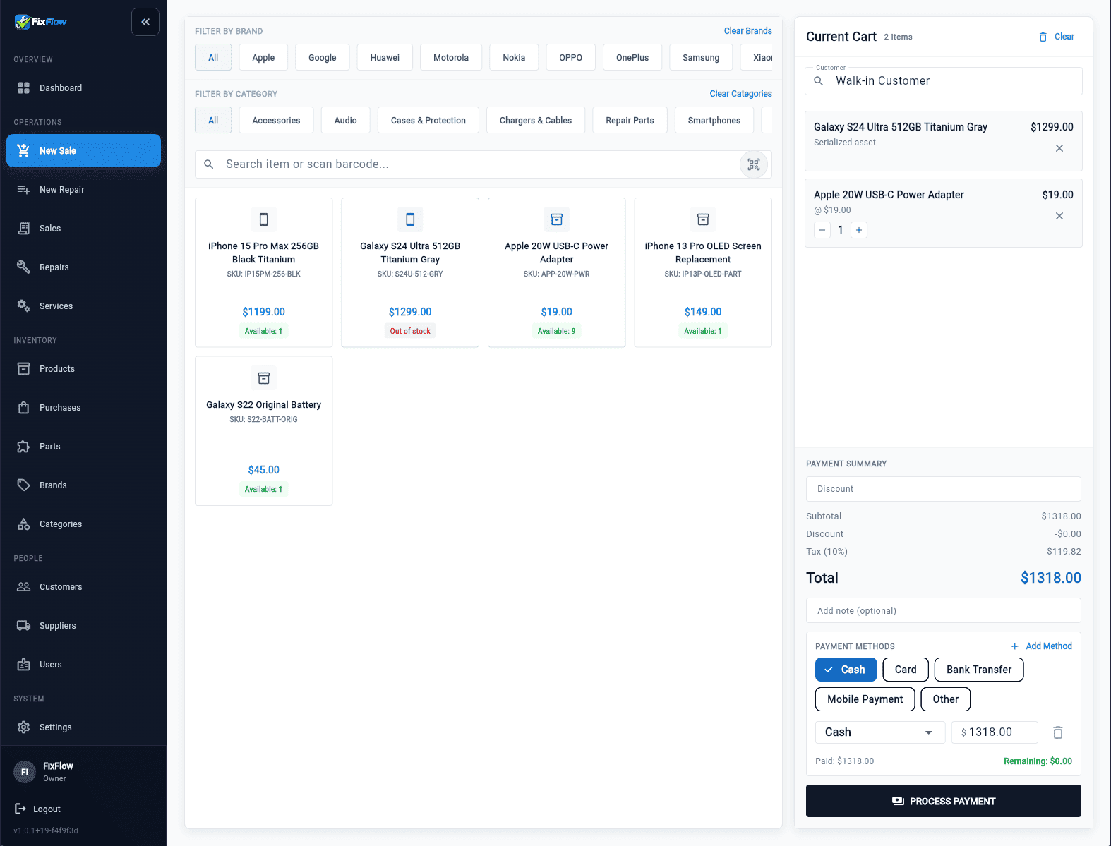 Desktop point-of-sale view showing inventory filters, cart contents, payment summary, and checkout controls.