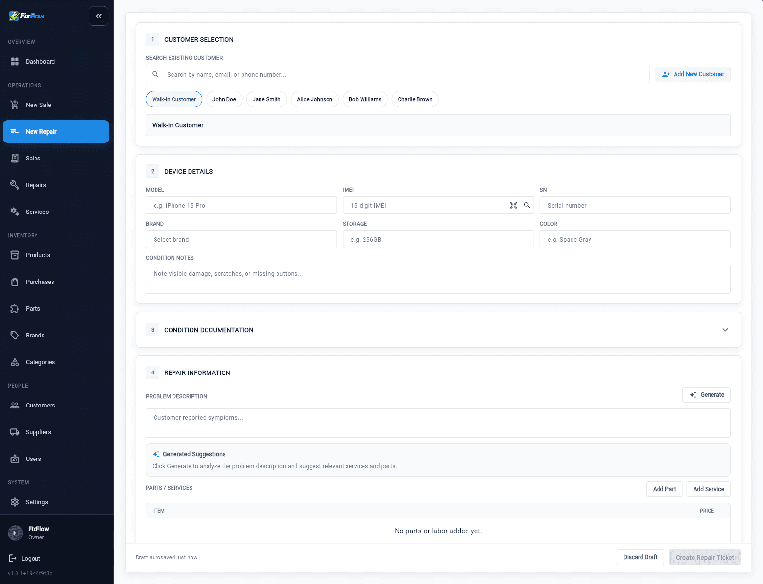 Repair intake workspace showing customer selection, device details, condition notes, issue description, and selected parts and services.